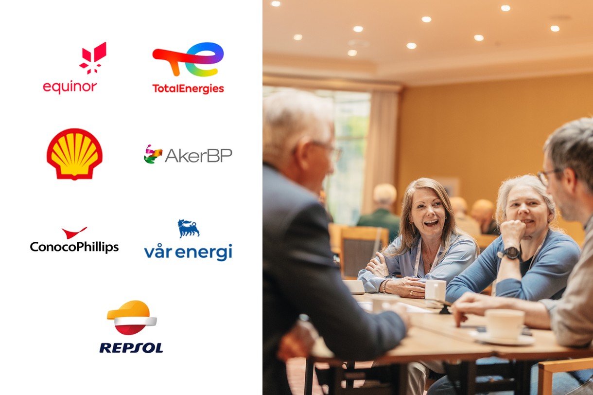 Todelt bilde med logoer til venstre og folk som prater til høyre